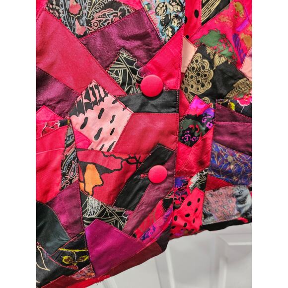 Rare Vintage Thai 100% Silk Patxhwork Jacket Blazer Size L Red Asian Artsy Boho - Picture 4 of 7